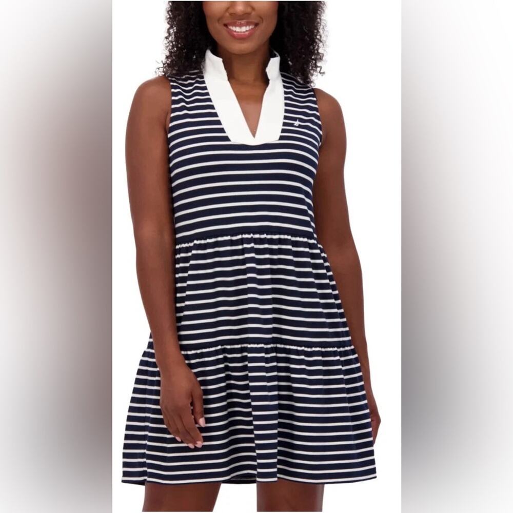 NWT Nautica Knit Dress Women's L Tiered Navy/Ivory Stripe Pockets L